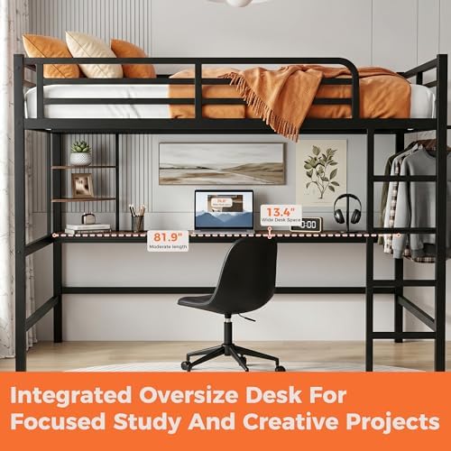 Queen Loft Bed with Desk, USB Charging Station, LED Light and 2 Storage Shelves, Metal Heavy Duty Queen Size Loft Bed for Adults, Teens, No Box Spring Needed, Black