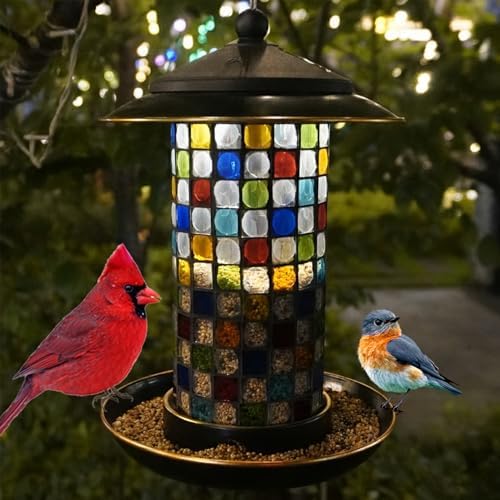 Solar Bird Feeder for Outdoor Hanging Stained Glass, Vita/Square
