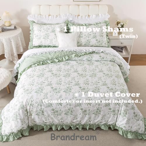 Brandream Twin Duvet Cover Set, 100% Cotton Floral Bedding with Ruffled Edge, Sage Green Vintage Botanical Grandmillennial, Soft Breathable Girls Dorm Cottagecore, 2 Piece