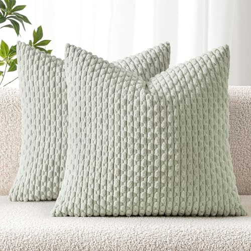 MIULEE Decorative Throw Pillow Covers 20x20 Light Green Textured Corduroy