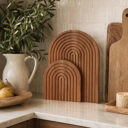 Chunful 2pcs Arch Cutting Board Boho Shelf Decor, Brown, Pine