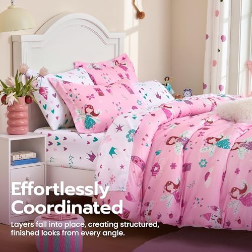Joiedomi Kids Comforter Set Bedding Set for Boys Girls Super Soft Microfiber Bed in a Bag with Comforter Sheets Pillowcase Sham, Pink Princess, Full