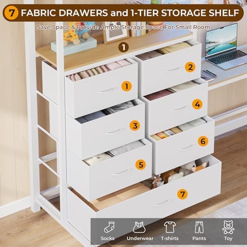 DICTAC Full Loft Bed with L-Shaped Desk and 7 Storage Drawers, Metal Full Size Loft Bed for Teen with LED Lights and Charging Station,13.11" H Safety Guardrail and Ladder,No Box Spring Needed, White