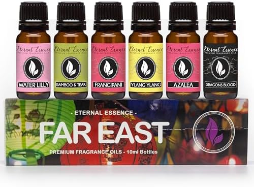 Eternal Essence Oils Far East Set of 6 Premium Fragrance Oils - Includes Water Lily, Bamboo & Teak, Frangipani, Azalea, Ylang Ylang and Dragon's Blood Scented Oils - 10ML