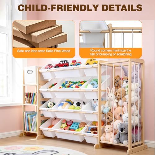 Kids Toy Storage Organizer with Bookshelf and Stuffed Animal Storage, 12 Removable Toy Bins and 1 Bonus Fabric Bin, Wooden Organizer for Playroom and Nursery, White