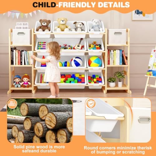 Extra Large Toy Storage Organizer for Kids - 3-in-1 Wooden Bookshelf with 6 Shelves, 12 Bins + Free 2 Storage Boxes, Anti-Tip for Playroom/Nursery