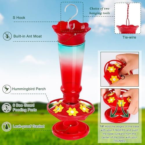 Gbekery Glass Hummingbird Feeders for Outdoors Hanging Ant and Bee Proof Red & Blue 10OZ 2Pack Bird Feeders for Outside Hanging 6 Feeding Stations Bird Nectar Feeder for Garden Yard Décor Gift for Mom