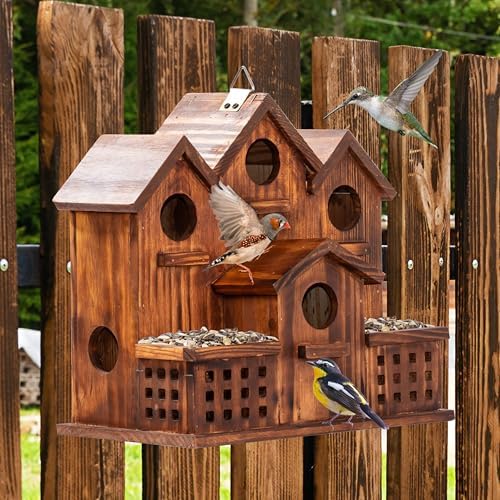 MIXUMON Bird House Outdoor with Feeder, 6-Room Wooden Birdhouse for Outdoors & Outside, Carbonized Pine Wood Bird Houses with 1.57” Entrance & Easy Clean-Out Doors (Natural Wood Door)