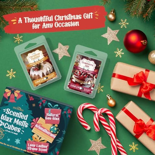 Christmas Wax Melts, 8 Pack Winter Scented Wax Cubes, Soy Wax Cubes Strong Scent, Wax Melts Tarts for Warmer - Apple Cinnamon, Christmas Pudding, Candy Cane and More, Colored Wax Melt Gift Set
