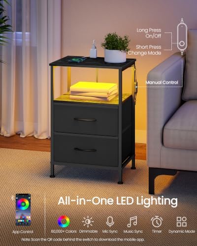 SONGMICS Nightstand with Charging Station, 2 Fabric Drawers