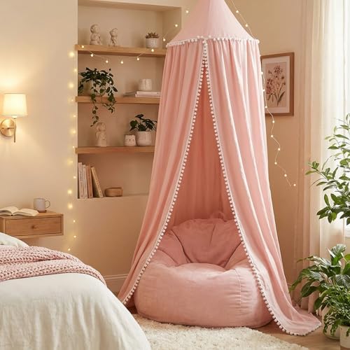 LOAOL Bed Canopy with Pom Pom Kids Reading Nook Hanging Tent (Pink)