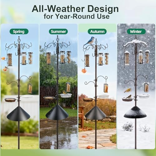 Bird Feeding Station Kit with Squirrel Baffle Bird Feeder Pole with Suet Cage Mesh Tray Fruit Hook Double W Hook for Attracting Wild Birds and Hanging Planter Hanger Lights