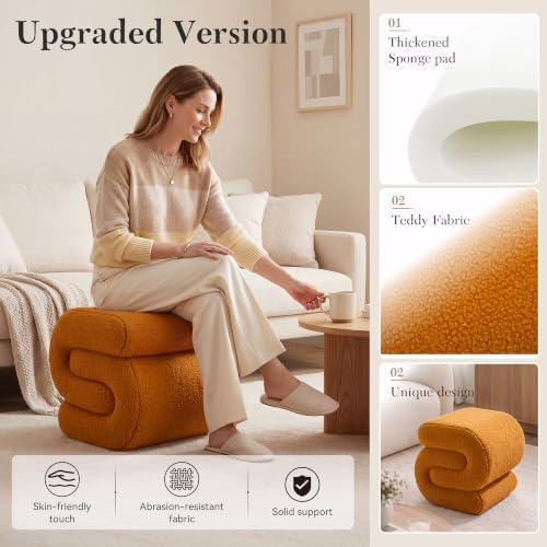 FOXHUNTER S Shape Modern Pouf Ottoman Vanity Stool, Teddy Orange