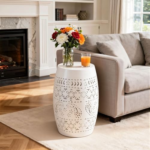 18" Cutout Metal Outdoor Side Table, Modern Drum Accent Table,White