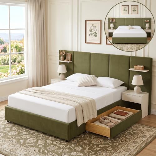 Queen Bed Frame with Storage & Built-in Nightstands & Drawer, Grayish Olive