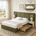 Queen Bed Frame with Storage & Built-in Nightstands & Drawer, Grayish Olive