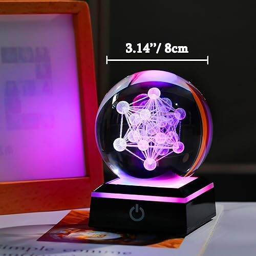 3D Metatron's Cube Crystal Ball with LED Colorful Lighting Touch Base - Flower of Life Night Light - Grid Sacred Geometry Sphere for Meditation Decor Spiritual Decor