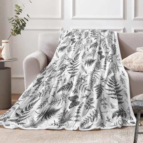 JAWO Floral Throw Blanket, Black White Flower Throws Wildflowers Botanical Plant Printed All Seasons, Vintage Cute Butterfly Flannel Blanket for Bedding Sofa Travel Couch Chair Sofa Home Decor,50x60