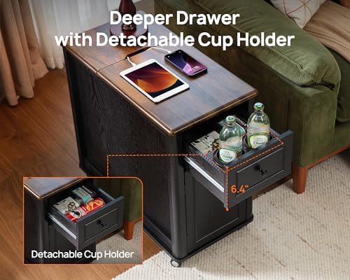 Rolling End Table with Wheels&Charging Station,Side Table with Drawer,Black