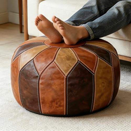 Thgonwid Round Unstuffed Pouf Cover, Faux Leather Storage Ottoman, Boho Moroccan Foot Stool, Multi-Purpose Home Decor for Living Room, Bedroom and Balcony, Retro Moroccan Color, No Filling Included