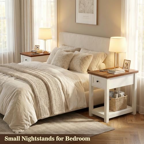 Farmhouse Narrow End Table Set of 2 with Charging Station, 13.8" Wide