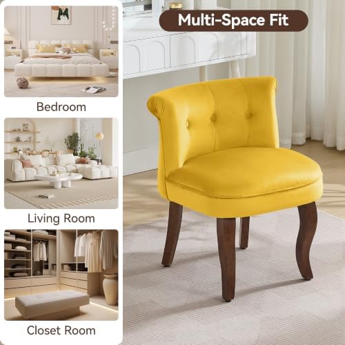 WUTUTUEE Velvet Vanity Chair with Back, Tufted Upholstered Vanity Stool with Solid Wood Legs, Mid Century Small Makeup Chair for Vanity, Accent Chair for Bedroom, Living Room, Yellow