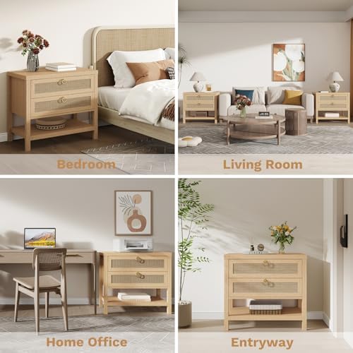 Eclatara Large Rattan Night Stand Set of 2: Boho Nightstand with Drawers and Storage Shelf, Natural Oak Bedside Table End Table Side Table for Bedroom(Natural Oak,2 Pieces)
