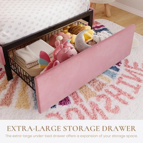 SHA CERLIN Twin Size Bed Frame with LED Lights and Storage Drawer, Pink