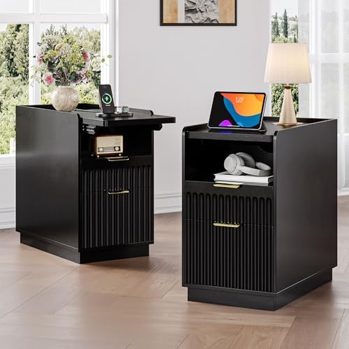 iPormis Fluted Narrow End Table Set of 2 with Charging & 2 Drawers, Black