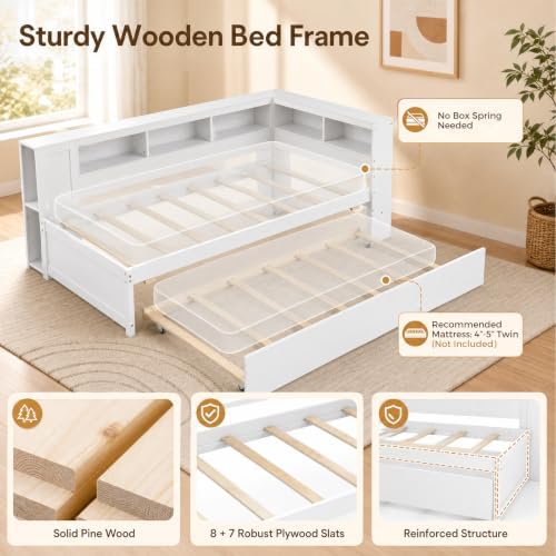 KOMFOTT Twin Size Daybed with Trundle, Trundle Bed with L-Shaped Bookcase