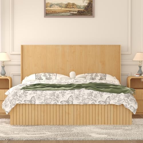 Queen Size Headboard Only, Boho Wood Head Board, Modern Fluted Wall-Mounted Bed Headboards for Bedroom, Height Adjustable, Wingback Design, Natural