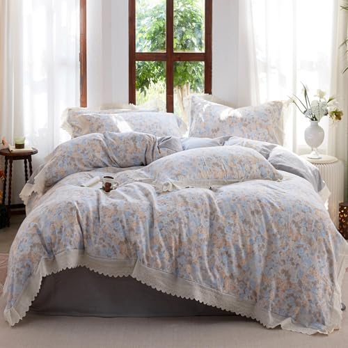 HighBuy Blue Ruffle Duvet Cover Set King Chic Muslin Cotton Floral Bedding Set,Vintage Ruffled Soft Gauze Comforter Cover,Comfortable Chic Lightweight - 1 Duvet Cover with 2 Pillowcase