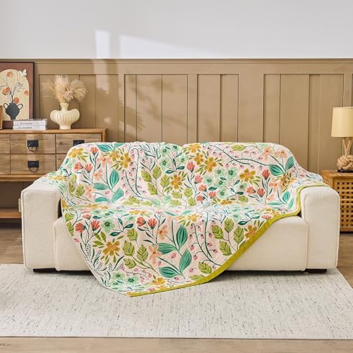 XIBLC Boho Throw Blanket 100% Cotton Vintage Blanket Muslin Woven Flower Decorative Throw Blankets All Season Bohemian Rustic Farmhouse Decor Quilt for Bed (Beige 60"x80")