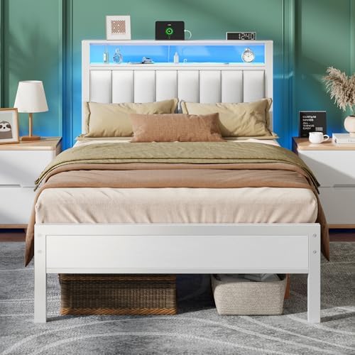 Furnulem White Twin Bed Frames with PU Upholstered Headboard & LED Lights