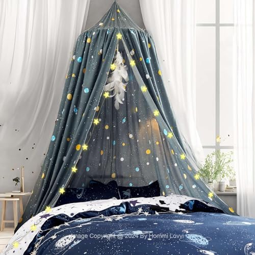 Hommi Lovvi Space Rockets Print Kids Bed Canopy, Girls Princess Canopy Dreamy Room Decor, Soft Hanging Reading Nook Play Tent Canopy, Extra Large Full Size Bed Canopy with String Light
