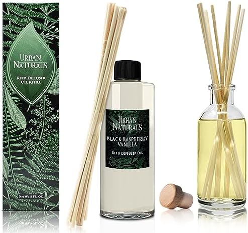 Urban Naturals Reed Diffuser Oil Refill Black Raspberry Vanilla with BlackBerry, Raspberry, Vanilla Orchid, Amber, Sandalwood 8 oz + Free Reed Sticks, Made in the USA