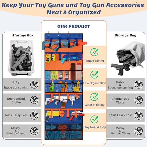 Toy Gun Storage Organizer, Over Door Hanging Rack with Clear Pocket