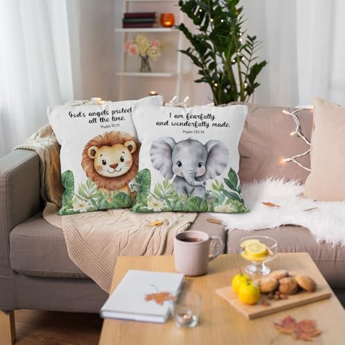Christian Animal Nursery Throw Pillow Cover 18x18, Bible Verse Lion Elephant Decorative Pillow Covers for Kids Nursery Room Bedroom Playroom, Religious Accent Pillows Cover Pillowcases, Set of 2