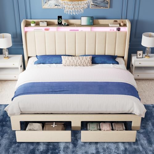 Allewie King Size Bed Frame with 2-Tier Storage Headboard & 2 Large Drawers