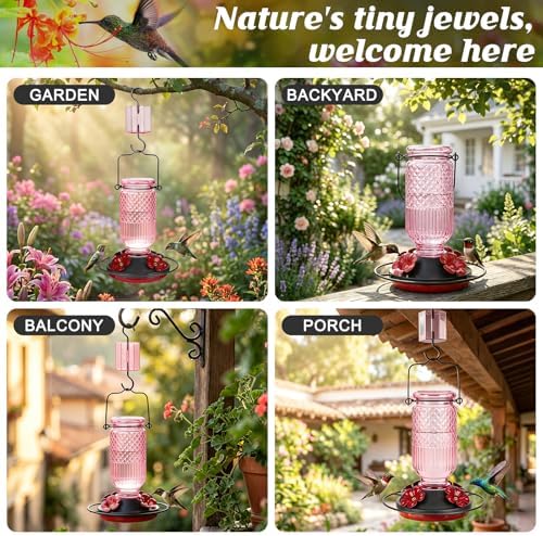 FEED GARDEN Glass Hummingbird Feeders for Outdoors, 16 OZ Pink Hummingbird Feeder with 4 Bee Guard Feeding Ports & Built-in Ant Moat, Humming Bird Feeder, Gifts for Women Mom,1 Pack