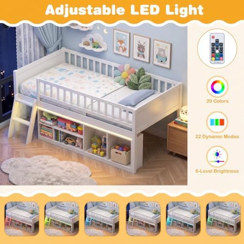 Giantex Low Loft Bed Twin Size with LED Lights, 2-Tier Storage Bookcase