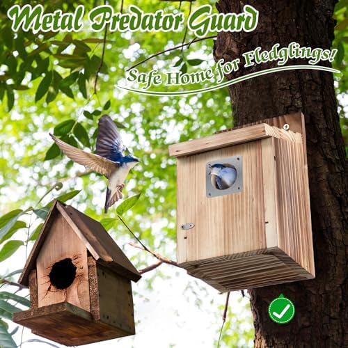 Dreyoo 4 Pack Bluebird Houses for Outside with Metal Predator Guard, 1-1/2" Entrance Hole Wooden Blue Bird Houses for Outdoors, Bluebird Nesting Box(Light Burnt Wood)