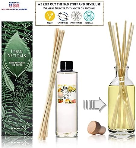 Urban Naturals Citrus Bliss Mandarin & Grapefruit Scented Reed Diffuser Oil Refill + Replacement Reed Sticks | Fresh, Bright Citrus Scent 4 oz.