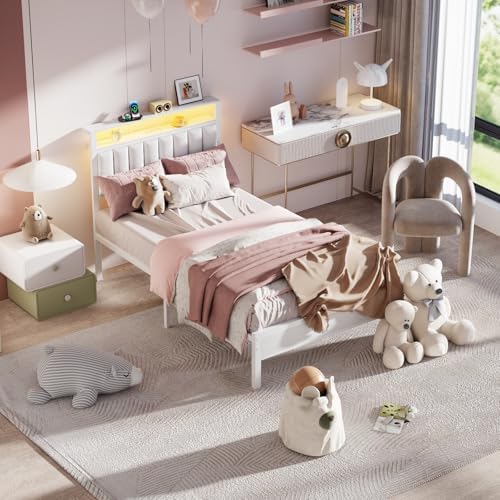 Furnulem White Twin Bed Frames with PU Upholstered Headboard & LED Lights