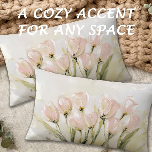 Funky White Tulip Floral Lumbar Pillow Covers 12x20, Set of 2