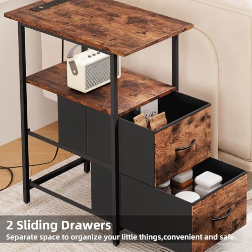 Somdot End Table Set of 2 with Charging Station, 2 Drawers, Slim Side Table