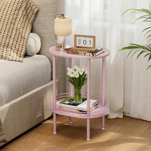Small Oval Side Table with Storage, 2-Tier Pink End Table for Small Space