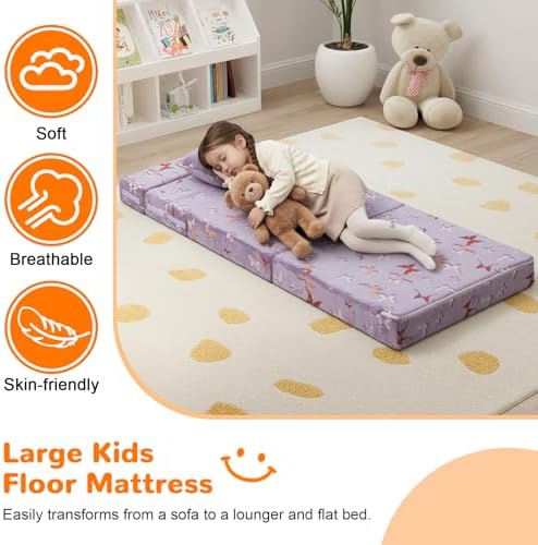 MeMoreCool Kids Floor Mattress, 8in Glow Butterfly Trifold Sofa Bed, Purple