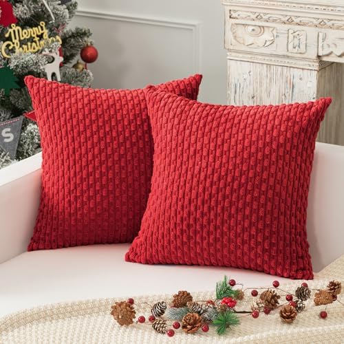 Kevin Textile Soft Corduroy 22x22 Inch Pillow Covers 2 Pack, Red