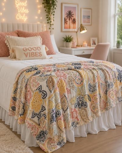 Soft Fleece Throw Blanket, Bohemian Boho Yellow Floral Paisley, 50x70